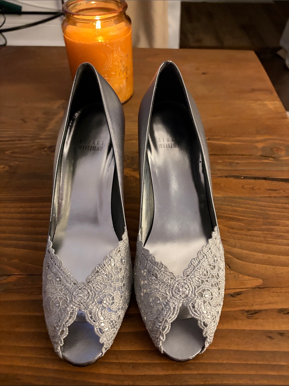 Stuart Weitzman Silver Lace Peep-Toe Heels